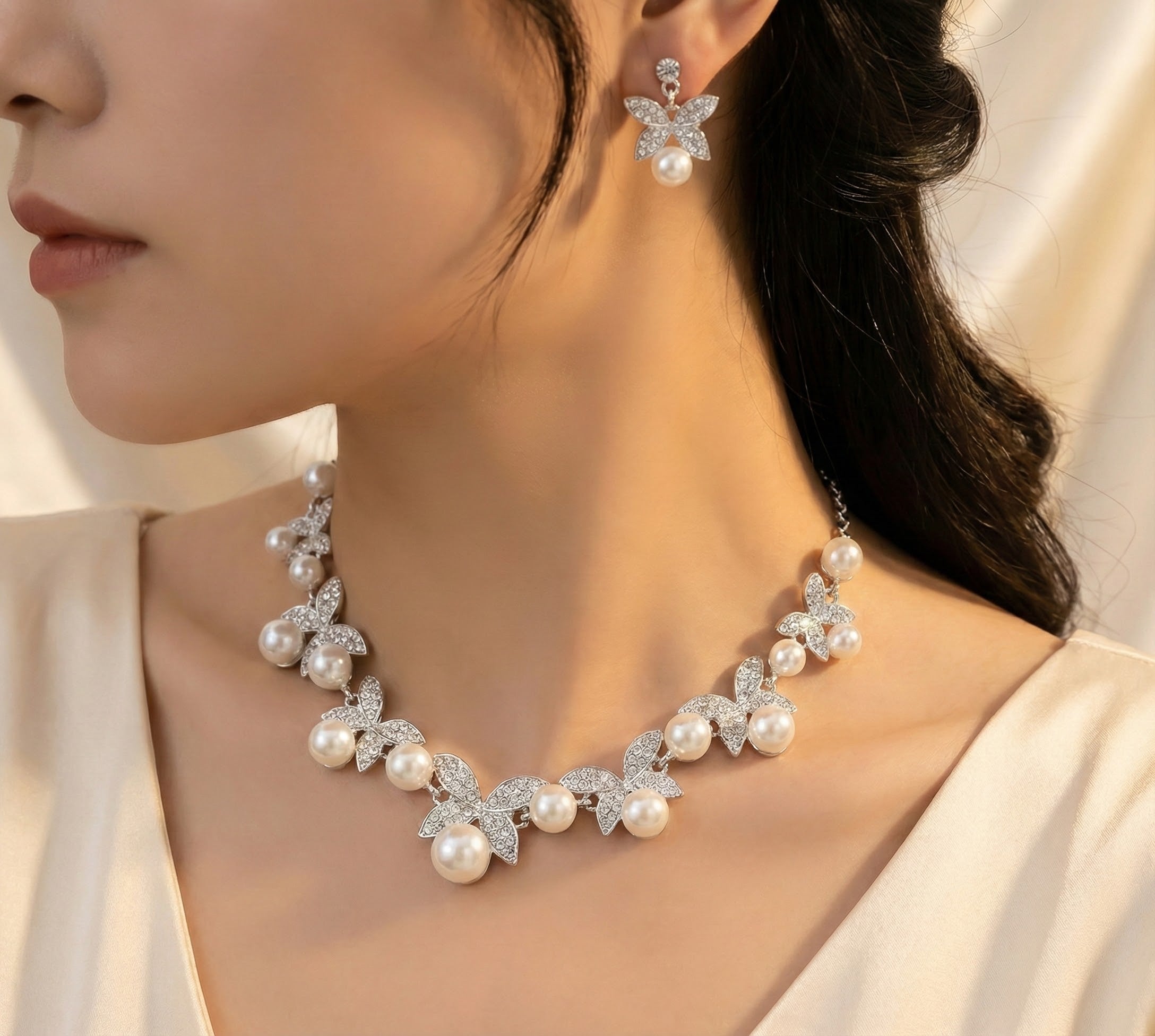 Crystal Butterfly Pearl Set