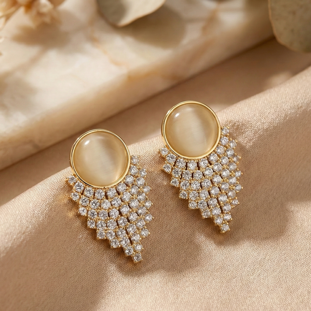 Cat's Eye & Crystal Fan Drop Earrings