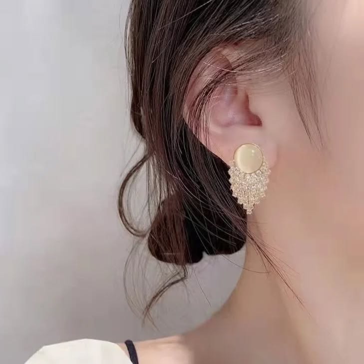 Cat's Eye & Crystal Fan Drop Earrings