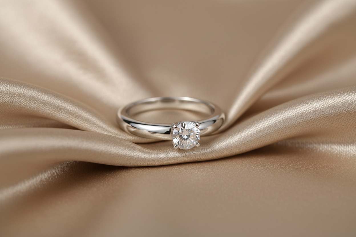 beautiful shiny silver diamond ring milimilistic design, on a silky cloth beige color 